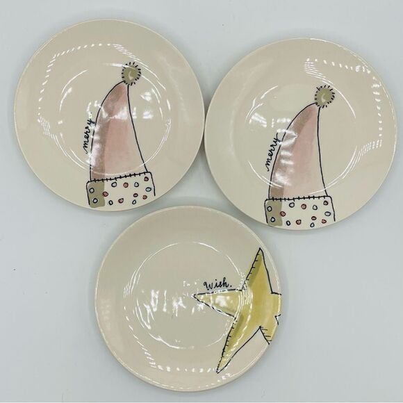 Set of 3 Rae Dunn Christmas Holiday Snack Plates Wish Merry - Picture 1 of 2